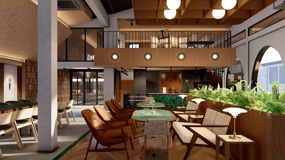 Render 4 dari 11 — Cafe De Palms, Medan — proyek komersial WE Arsitek