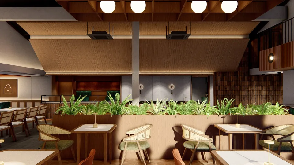 Render 6 dari 11 — Cafe De Palms, Medan — proyek komersial WE Arsitek