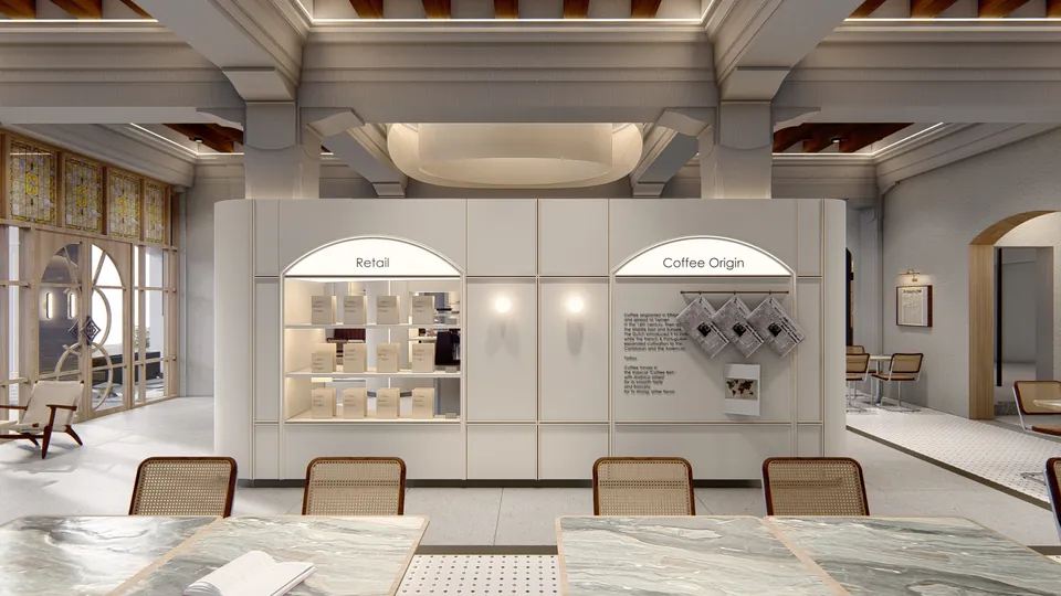 Render 8 dari 16 — VCO Coffee, Medan — proyek komersial WE Arsitek