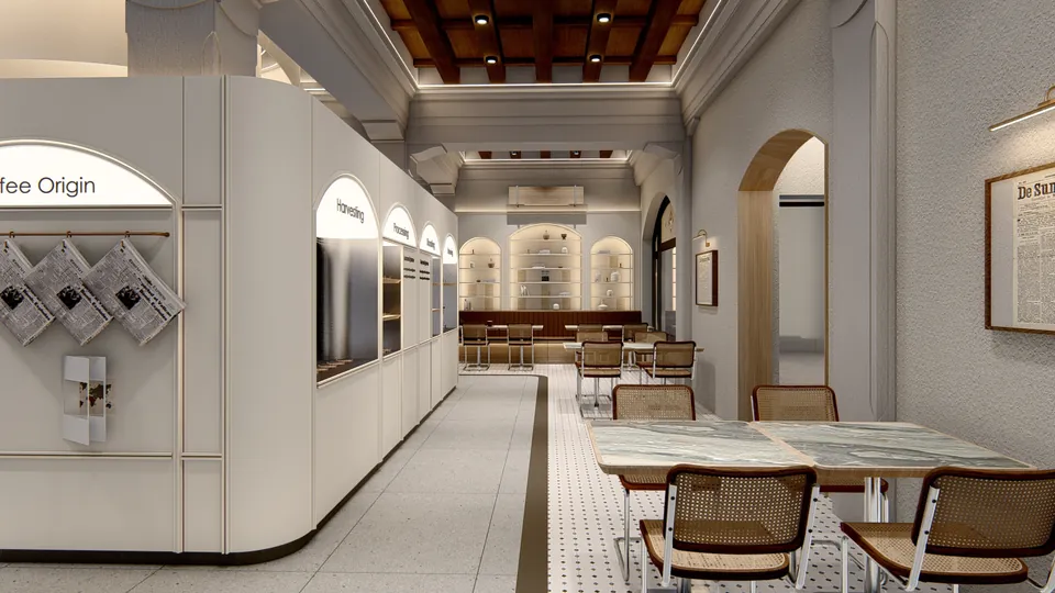 Render 10 dari 16 — VCO Coffee, Medan — proyek komersial WE Arsitek