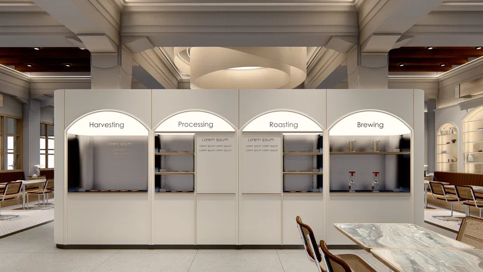 Render 11 dari 16 — VCO Coffee, Medan — proyek komersial WE Arsitek