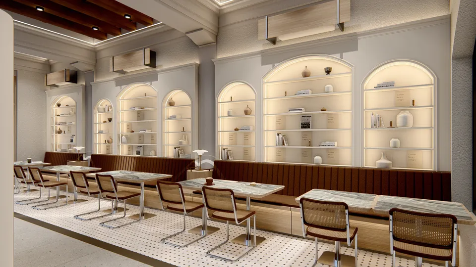 Render 12 dari 16 — VCO Coffee, Medan — proyek komersial WE Arsitek