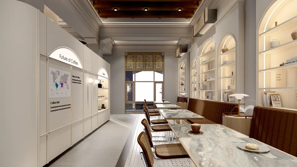 Render 13 dari 16 — VCO Coffee, Medan — proyek komersial WE Arsitek