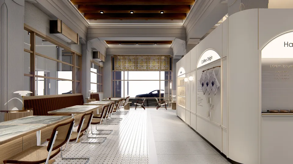 Render 14 dari 16 — VCO Coffee, Medan — proyek komersial WE Arsitek
